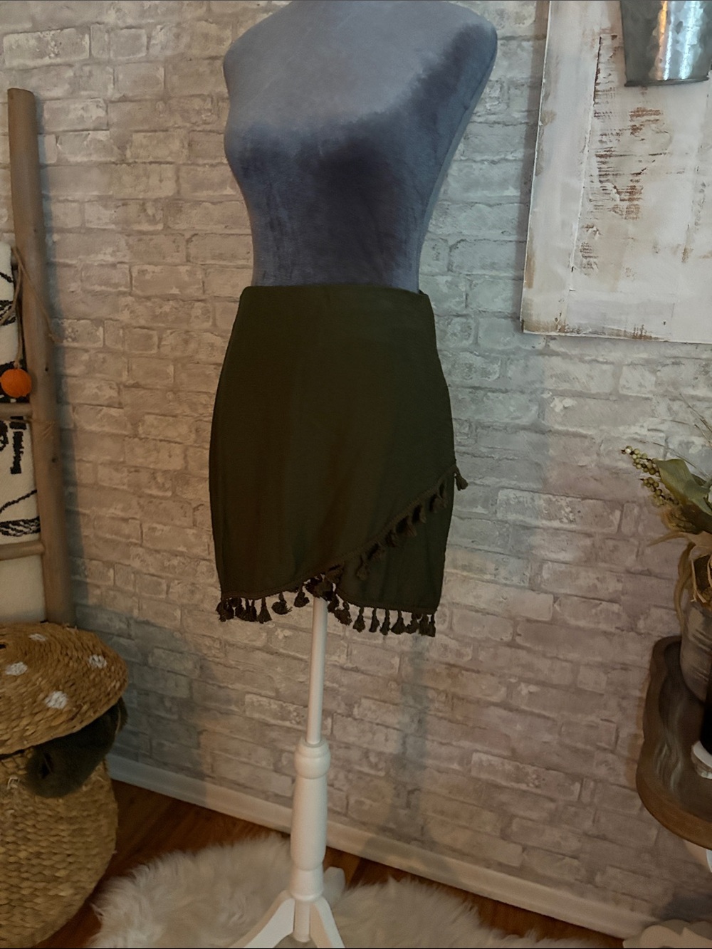 Olive Green boho Tassel Trim Wrap boutique Mini Skirt